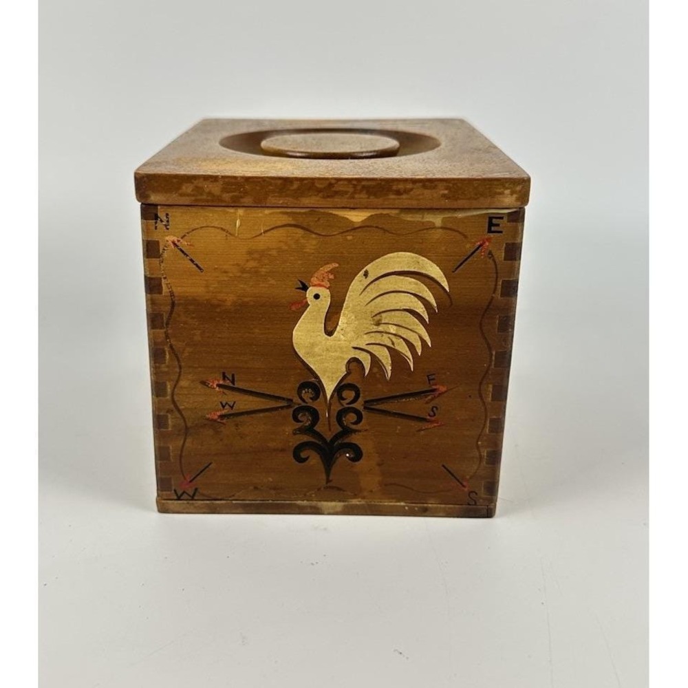 Vintage Redbird Line Japan Wooden Recipe Card Box Hand Decorated Rooster